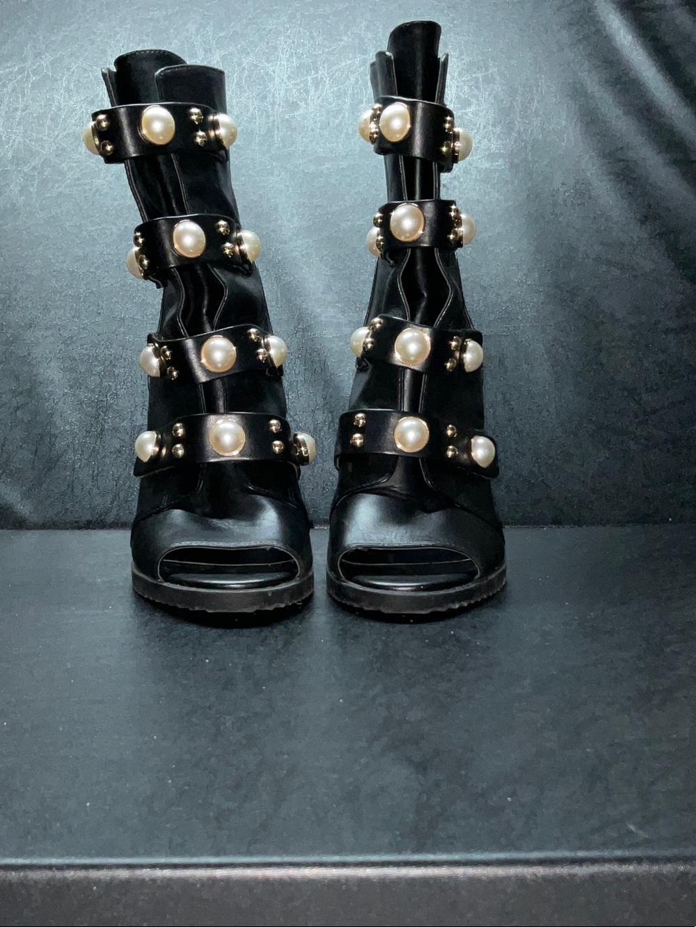 Karl Lagerfeld Black Open-Toe Pearl-Embellished Heeled Boots
